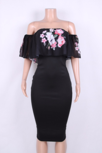 Sheer Flower Print Off-Shoulder Elegant Midi Dress