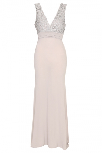 Gray Sequined V-necked Solid Elegant Fvening Dress