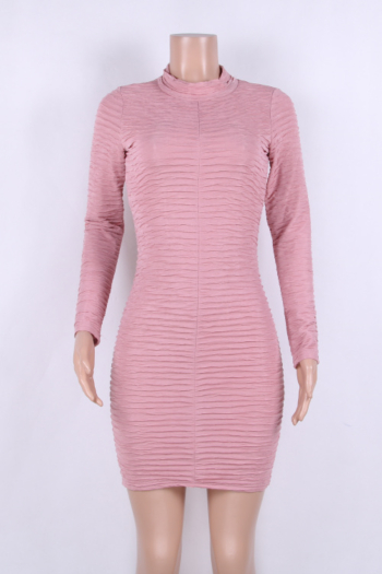 Pink Long-Sleeves Wrinkled Body Dress