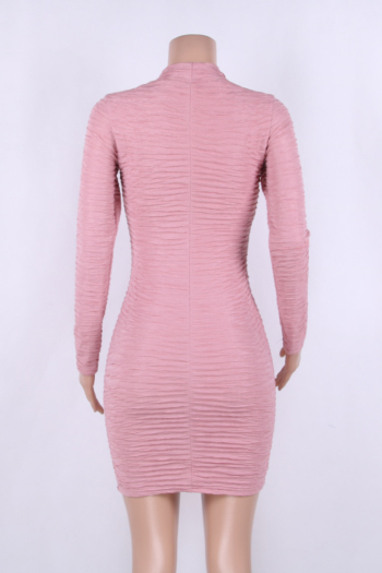 Pink Long-Sleeves Wrinkled Body Dress