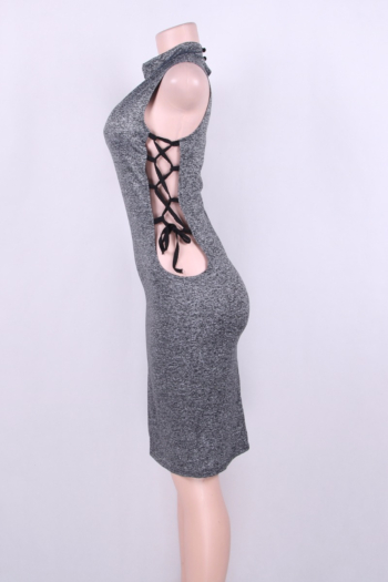 Gray High-Necked Bandage Side Sexy Midi Dress