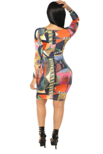 Multi-color Printed Long-Sleeves Tight Secy Party Dress