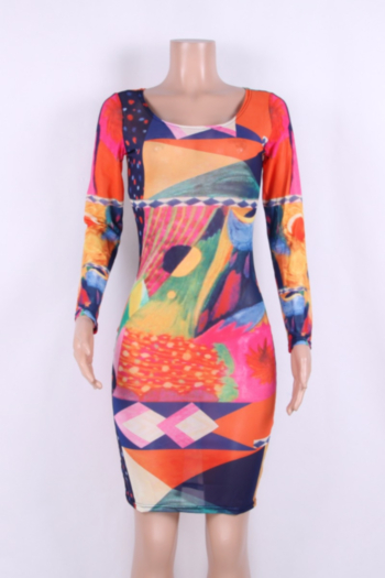 Multi-color Printed Long-Sleeves Tight Secy Party Dress