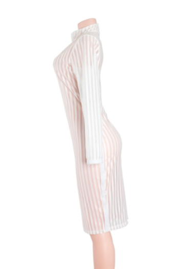 White Mesh See Through Long-Sleeves Stripe Loose Cover Dress