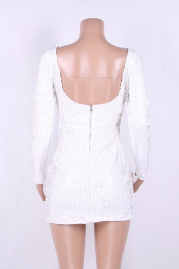 White Sequined Backless Long-Sleeves Sexy Dress