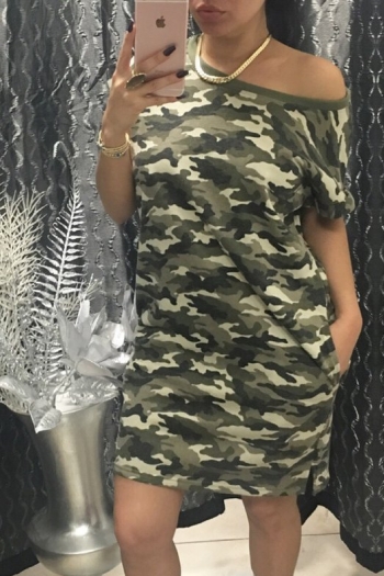 Camouflage Loose Off Shoulder Shirt Dress