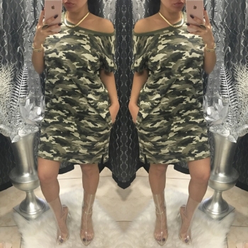 Camouflage Loose Off Shoulder Shirt Dress