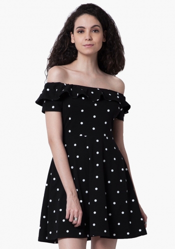 Dots Printed Off Shoulder Cute Little Dress