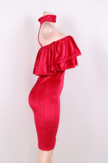 Flounced Strapless Velvet Midi Dress
