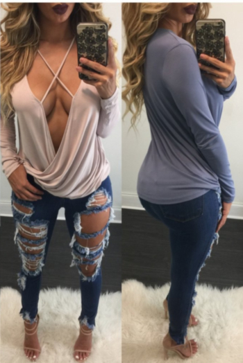 Solid Deep V Fashion Open Sexy Top 