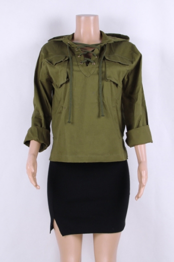 Army Green Loose Hooded Top