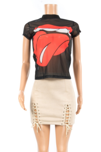 Summer Perspective Mesh Casual Printed Mouth Pattern Tops
