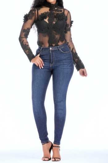 Sexy Women's Perspective Mesh Flower Net Applique Stitching Slim Bodysuit