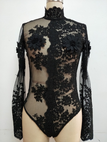 Sexy Women's Perspective Mesh Flower Net Applique Stitching Slim Bodysuit