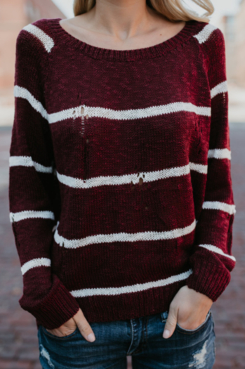 Autumn Long Sleeve Hollow  Stripe Sweater