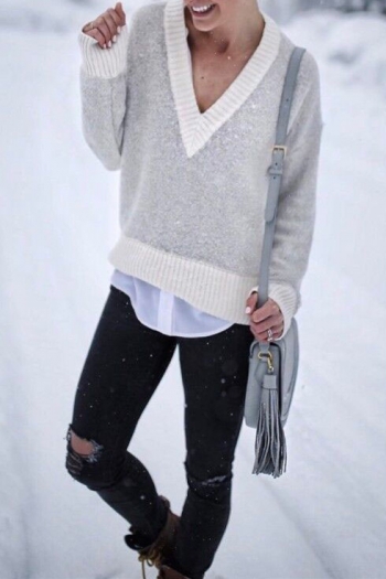winter v-neck stitching long sleeve sweater