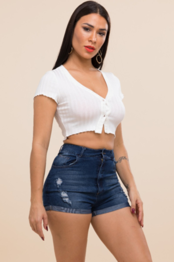 New solid color v collar button stretch short tops