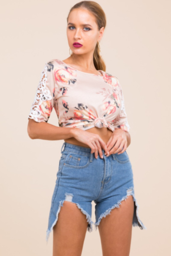 New stylish stretch flower printed lace hollow T-shirts