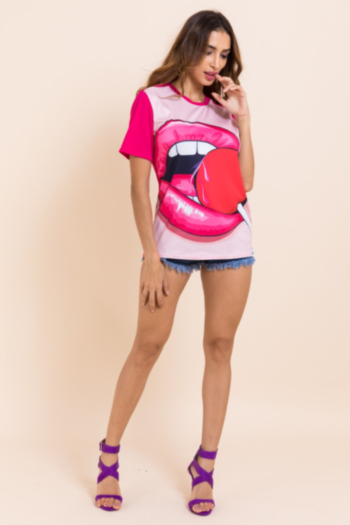 New plus size stretch lip printed T-shirts