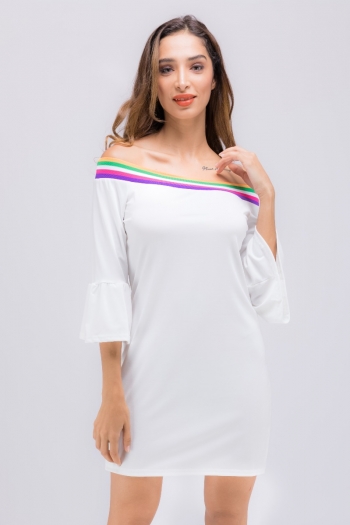 fashion casual style stretch solid color one-shoulder seven-point sleeve trumpet cuff top
