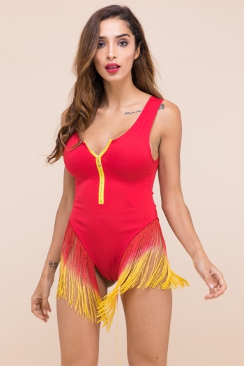sexy fashion style stretch red bodysuit with gradient tassel