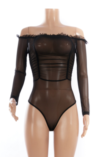 Sexy hot style black see through mesh off-shoulder lace long sleeve high stretch bodysuit