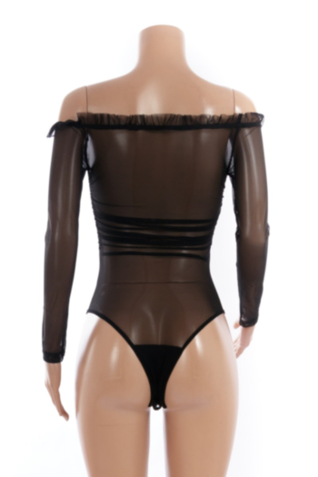 Sexy hot style black see through mesh off-shoulder lace long sleeve high stretch bodysuit