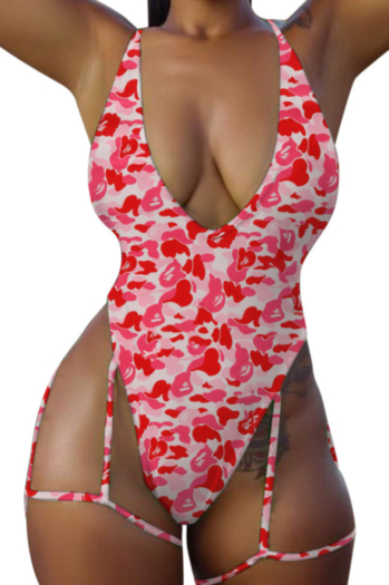 Plus size sexy hot 3 colors camouflage printed sling V-neck bodysuit