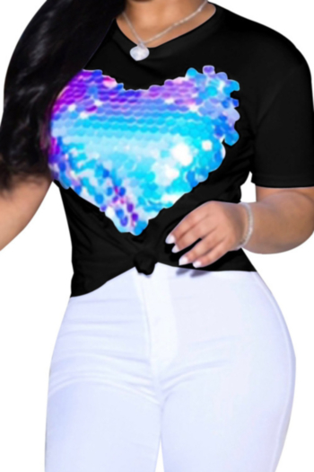 Plus size stylish casual 3 colors heart-shaped sequin stitching stretch T-shirt