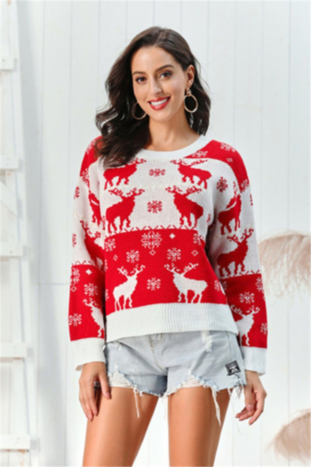 merry christmas stylish round-neck reindeer & snowflake pattern knitted sweater