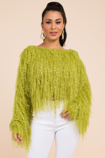 autumn winter new solid color stretch round-neck tassel stylish sweater