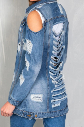 Autumn Winter new plus size single-breasted holes hollow stylish fitted denim jacket