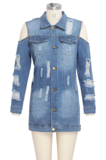 Autumn Winter new plus size single-breasted holes hollow stylish fitted denim jacket