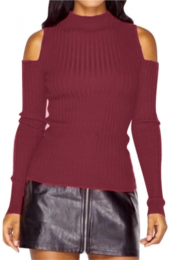 autumn winter new solid color stretch high-neck hollow stylish knitted tops