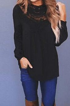 2-color Fashion Lace Round Neck Long Sleeves Top