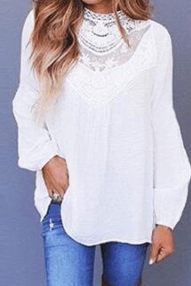 2-color Fashion Lace Round Neck Long Sleeves Top