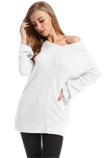 autumn new stylish solid color v neck loose casual micro-elastic sweater