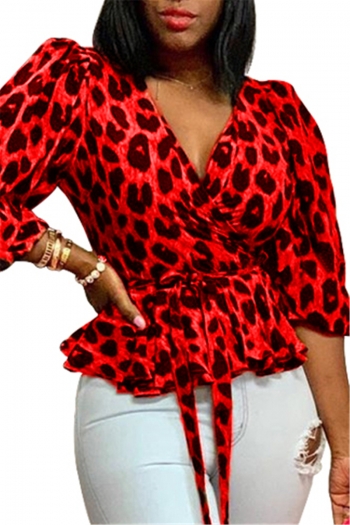 new leopard batch printing four colors stretch deep v-collar elbow sleeves casual top（with belt）