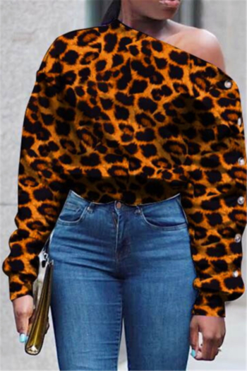 plus size new stylish leopard batch printing button long sleeve stretch loose casual top