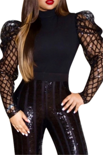 plus size new stylish solid color spliced mesh sequin high neck puffed sleeve stretch fit top