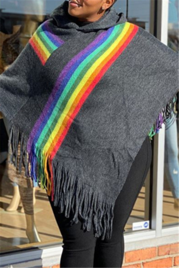 new stylish rainbow autumn hooded loose spliced tassel irregular knitting casual top