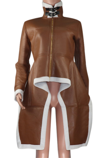Plus size new solid color lamb wool spliced leather inelastic irregular zip-up jacket