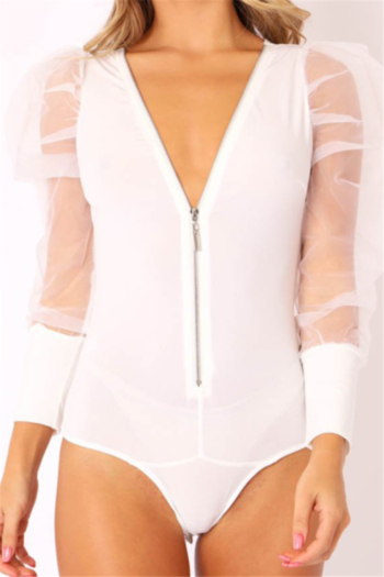 New stylish autumn solid color spliced mesh puffed sleeve zip-up stretch sexy bodysuit