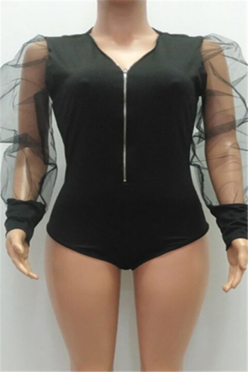 New stylish autumn solid color spliced mesh puffed sleeve zip-up stretch sexy bodysuit