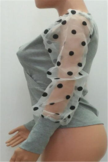 New stylish solid color spliced mesh dot batch printing puffed sleeve stretch bodysuit