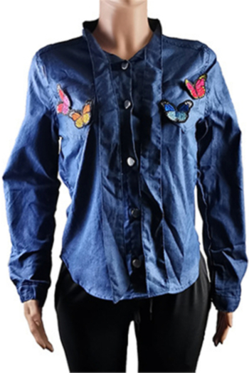 New stylish single breasted butterfly printing stretch fit denim shirt (with tie)