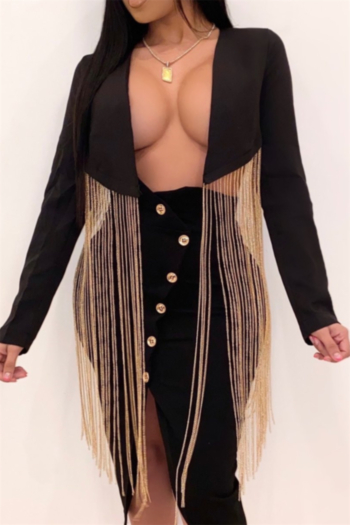 Autumn plus size new solid color spliced long tassel stylish fit slim sexy jacket