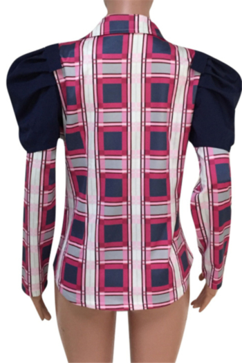 Plus size new stylish plaid contrast puffed sleeve button stretch suit collar casual jacket