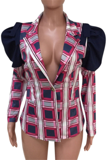 Plus size new stylish plaid contrast puffed sleeve button stretch suit collar casual jacket