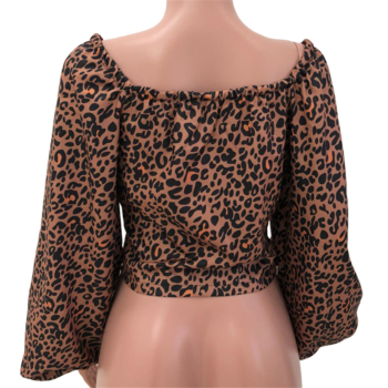 Plus size new stylish leopard batch printing lace-up lantern sleeve stretch casual top